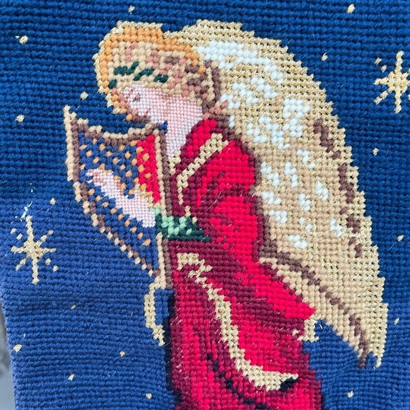 Handcrafted Needlepoint Christmas Stockings Santa Dog Angel Peace Blue Red 11x18 - Picture 8 of 15